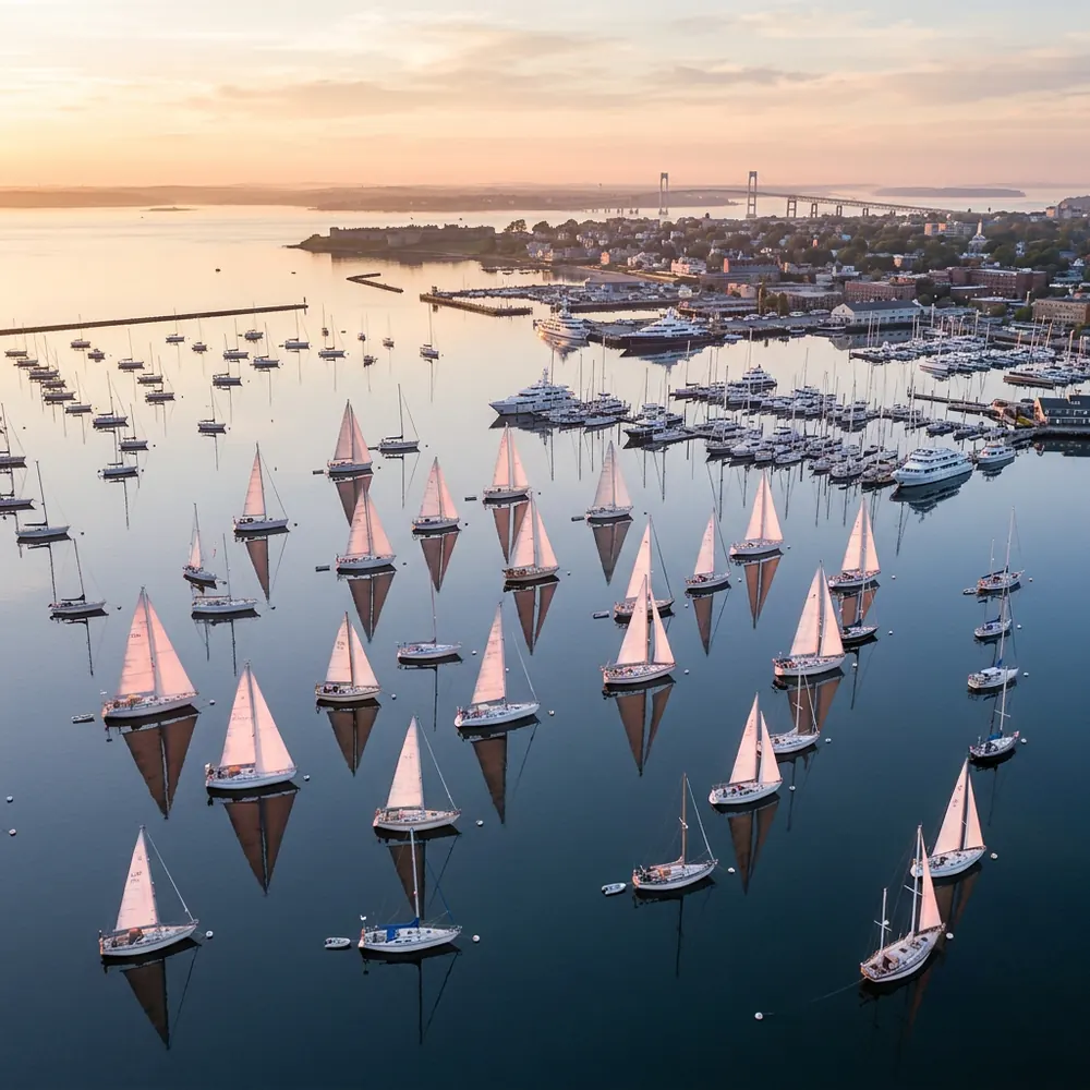 Sailboats moored in a New England harbour at dawn