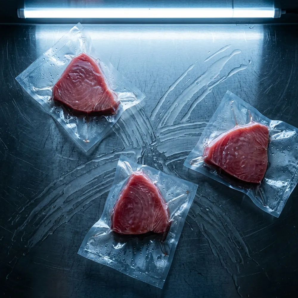 Vacuum-sealed tuna portions on stainless under cold light
